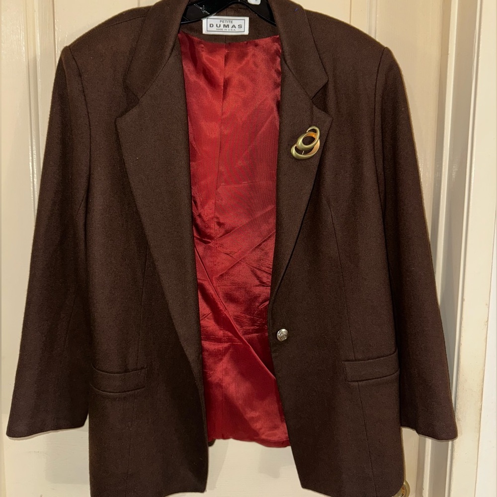 Brown blazer with red inside lining silk material